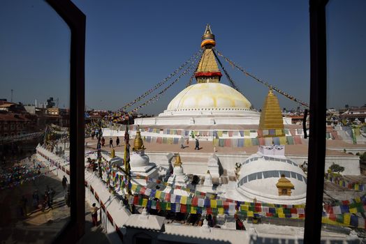 Boudhanath Stupa through the windows, Kathmandu valley, Nepal
