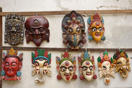 Nepali masks on display in the markets in Nepal