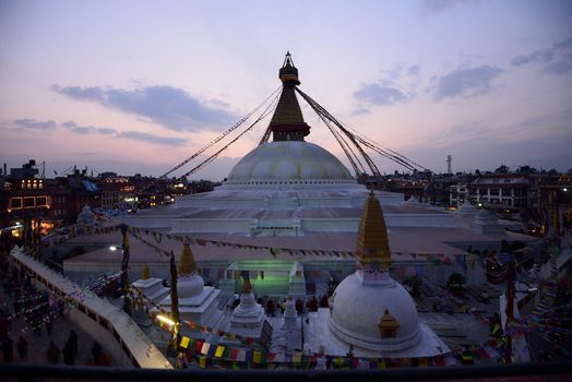 Boudhanath (Boudnath) Stupa at sunset. Kathmandu, Nepal