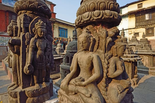 The statue of Buddha is located at the Swayambhunath Temple in Nepal