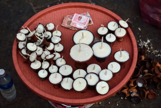 Candles at swayambhunath temple in Kathmandu, Nepal