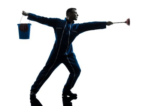 one caucasian janitor cleaner cleaning silhouette in studio on white background