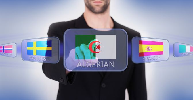 Hand pushing on a touch screen interface, choosing language or country, Algeria
