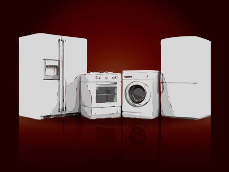 picture of household appliances on a ruby background