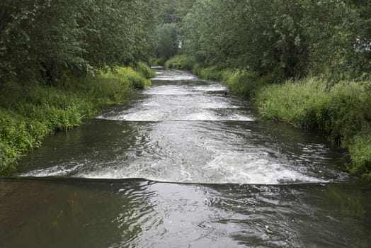 waterfall in holland from the river maas with green nature forest