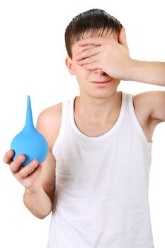 Teenager with Enema Isolated on the White Background