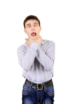 Nervous Teenager strangle himself Isolated on the White Background