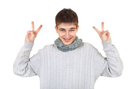Cheerful Teenager with Victory Gesture Isolated on the White Background