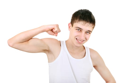 Handsome Teenager Muscle flexing Isolated on the White Background