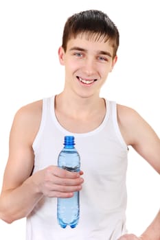 Happy Teenager with Bottle of Water on the White Background