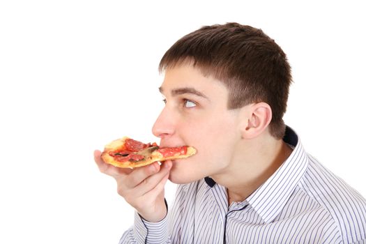 Teenager eat with pleasure Pizza Isolated on the White Background