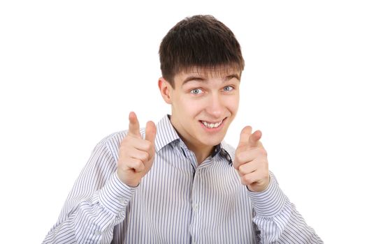 Cheerful Teenager pointing at You on the White Background