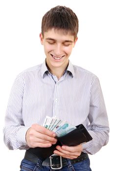 Happy Teenager take out the Russian Currency from the Wallet Isolated on the White
