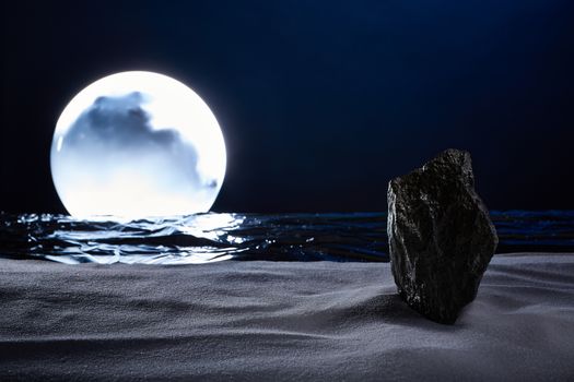 surreal moonset, on the ocean with a  big rock on a white beach.shooted in studio