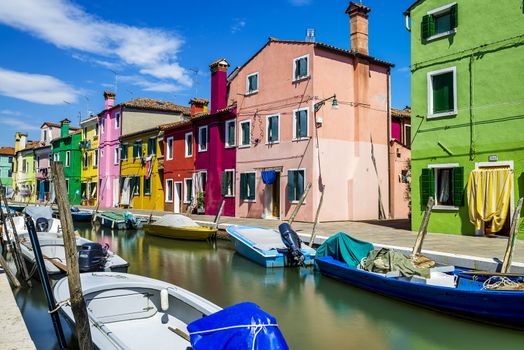 Colorful buildings in Burano island sunny street, Venise, Italy