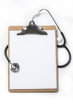 A clipboard draped with a stethoscope.