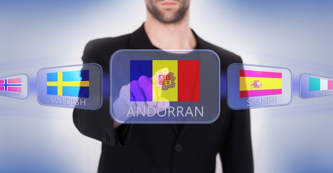 Hand pushing on a touch screen interface, choosing language or country, Andorra
