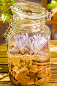A jar filled with pebbles, water and flowers