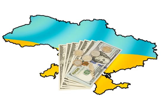 Coins and dollars on ukrainian map