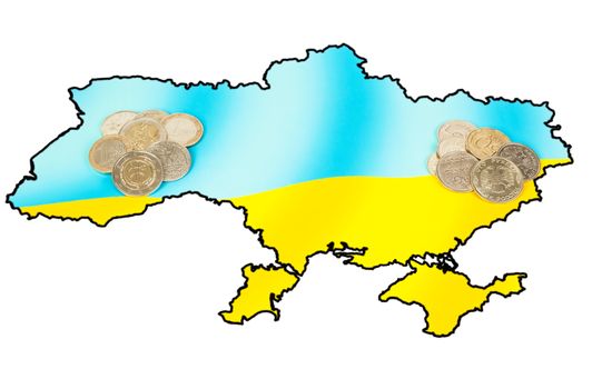 Different coins on ukrainian map concept