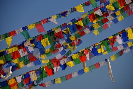 Buddhist praying flags at Boudhanath Stupa, Kathmandu, Nepal