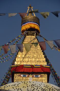 Close up of widsom eyes of Boudhanath Stupa with in Kathmandu, Nepal