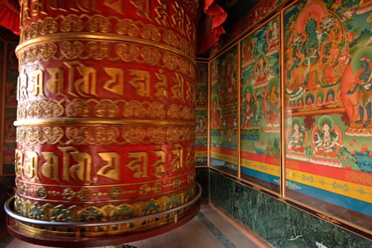 Huge rotating praying drum in Boudhanath stupa, Kathmandu, nepal