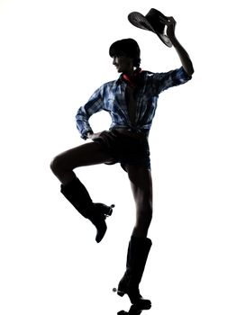 one woman cowgirl dancer happy dancing country music in studio isolated on white background