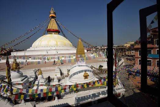 Boudhanath Stupa through the windows, Kathmandu valley, Nepal