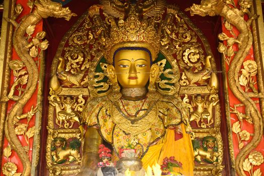 The statue of Buddha is located at the Swayambhunath Temple in Nepal