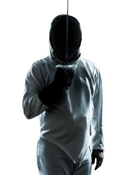 one man fencing saluting silhouette in studio isolated on white background