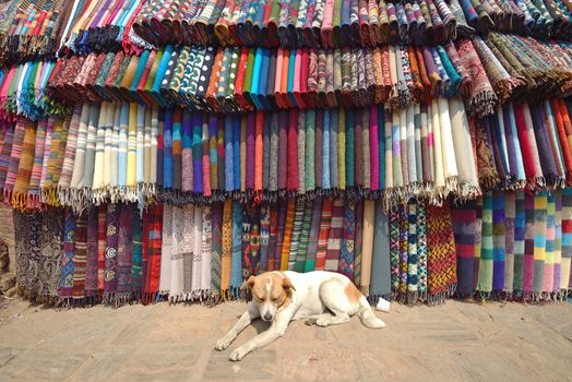 Traditionnal fabric in a tamel market Nepal, Asia.