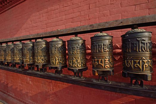 prayer wheels at swayambhunath temple in kathmandu, nepal