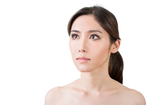 Asian beauty face closeup portrait with clean and fresh elegant lady in studio white background.