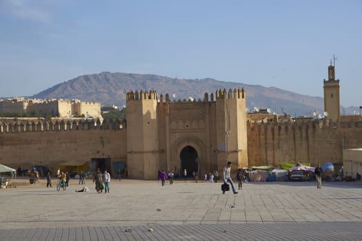 Fortified walls and gates of the ancient city of Fes in Morocco, North Africa