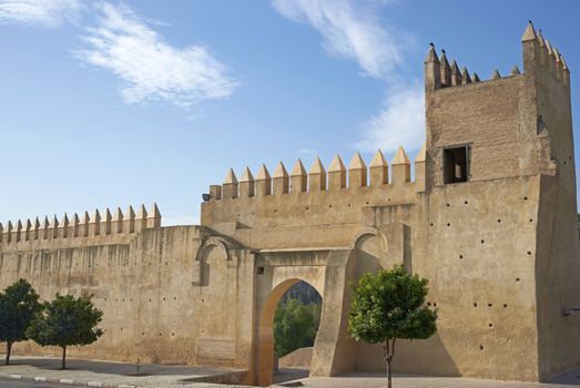Fortified walls surrounding the ancient city of Fes in Morocco, North Africa