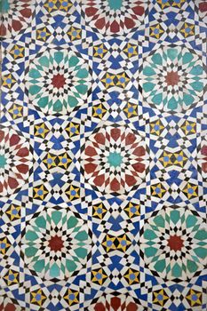 Detail of ornate mosaic on the entrance gates to the Royal Palace in Fes, Morocco