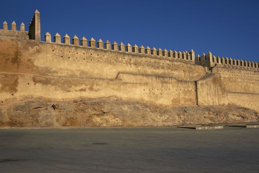 Fortified walls surrounding the ancient city of Fes in Morocco, North Africa