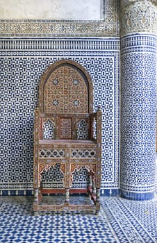 Traditional blue and white pottery for sale in a shop in the historic medina of Fes in Morocco