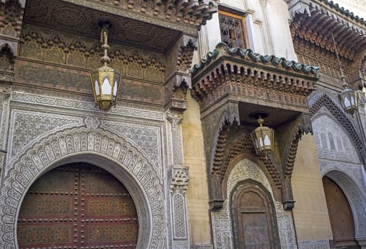 Mosque
Description: Ornate entrance to the historic Kairaouin Mosque deep inside the medina of Fes in Morocco.