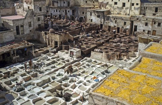Historic tannery deep inside the medina of Fes in Morocco.
