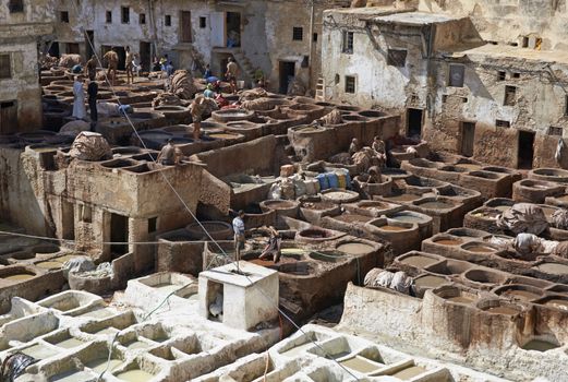 Historic tannery deep inside the medina of Fes in Morocco.