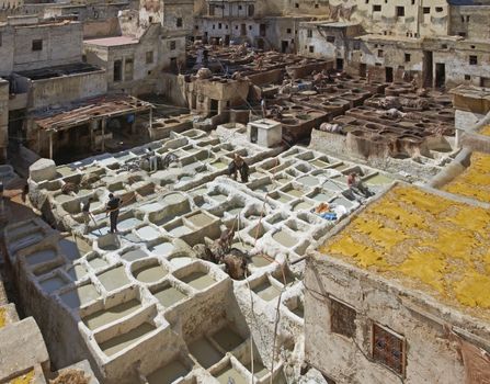 Historic tannery deep inside the medina of Fes in Morocco.