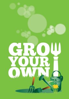 An illustration of a garden poster on a portrait format with the text Grow Your Own. A garden watering can and small hand tools set to the front of the image with growing daffodils.