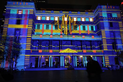SYDNEY, NSW, AUSTRALIA - JUNE 4, 2014;  Play Me on Historic Customs House at Circular Quay Sydney during Vivid Sydney annual festival event.   Participants interact to bring it to life in glorious ever-changing colour, light, form and sound.