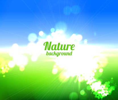 Nature background  with sun and green field