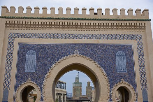Historic Blue Gate into the ancient medina of Fes in Morocco