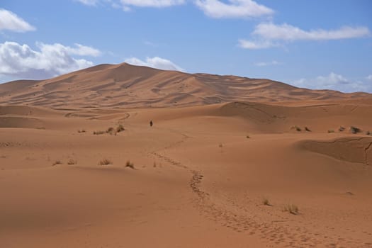 Footsteps mark a path through the sand dunes in the Sahara Desert of Morocco in North Africa