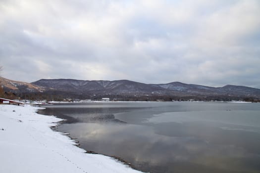 lake Kawaguchiko view in winter season Japan
