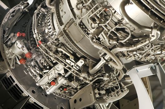 large jet engine detail viewed from below